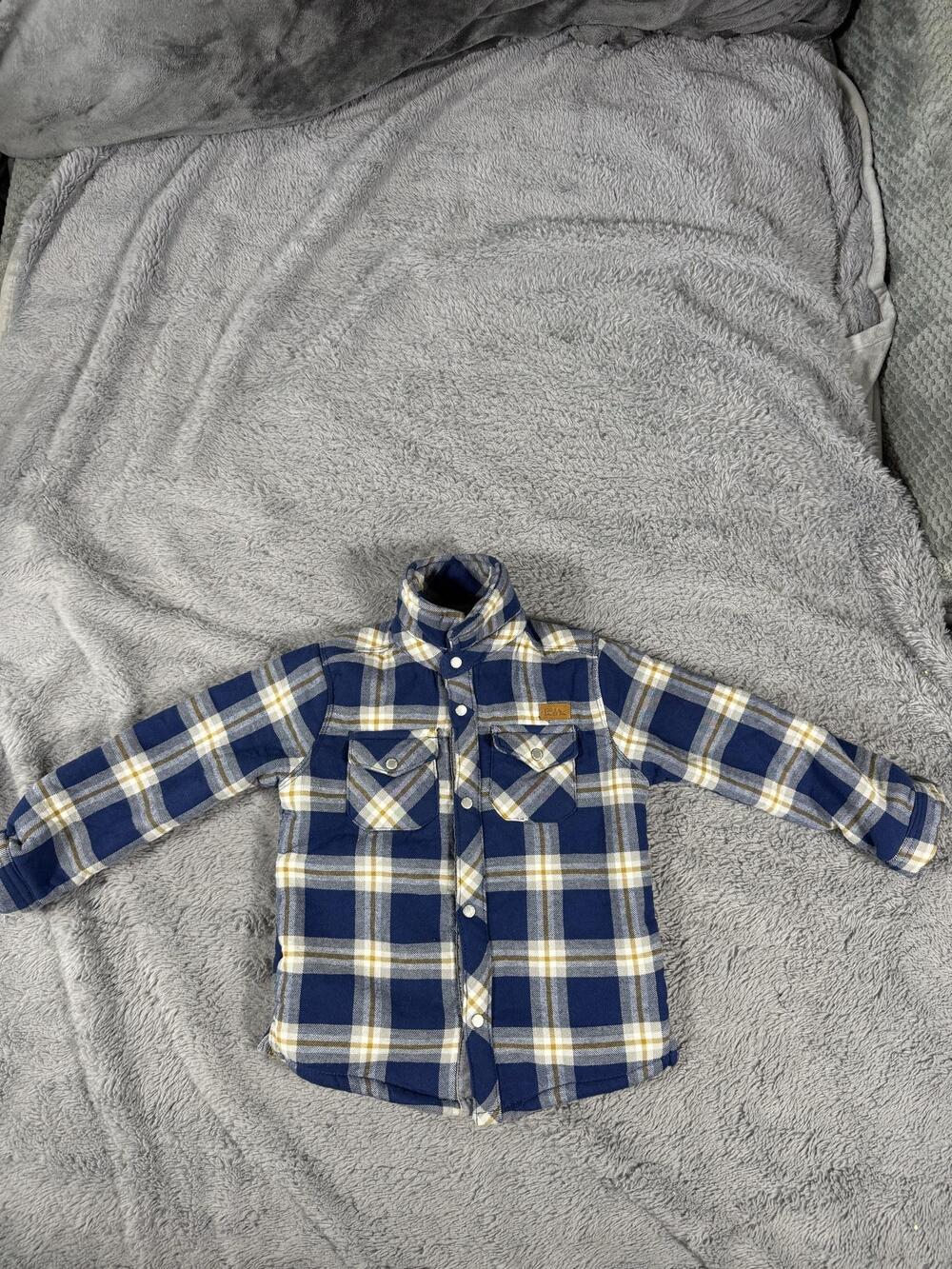 Eddie Bauer Shirt Jacket Boys 4T Blue Plaid Sherpa Lined Flannel Snap Front